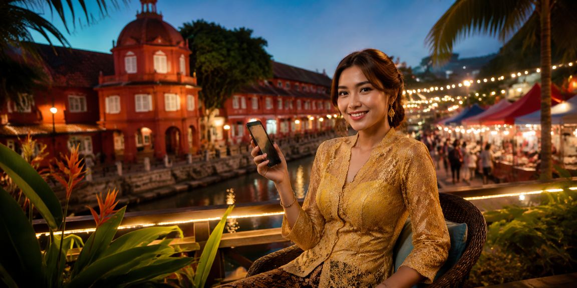 Pengguna berpakaian kebaya membuat deposit online untuk platform sukan maya di Melaka